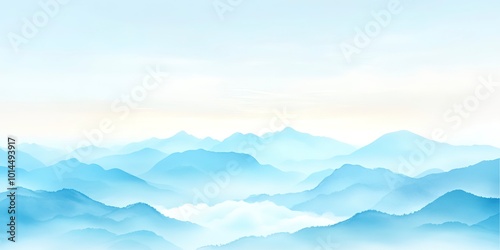 Serene watercolor painting of blue mountains with misty valleys and a soft gradient sky, capturing a peaceful and tranquil landscape scene. 