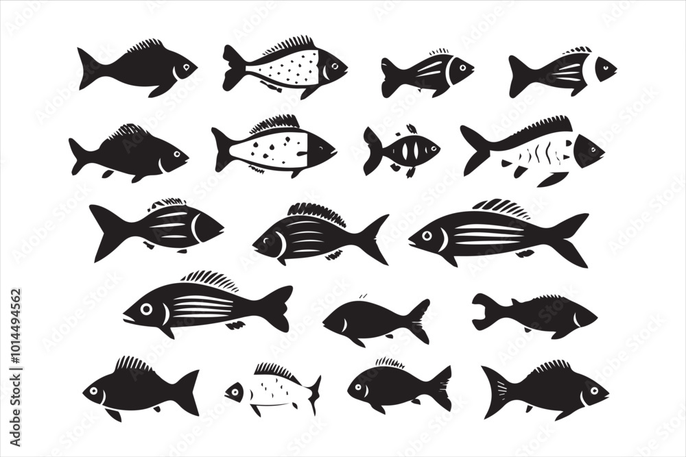 Swimming fish in black and white silhouette collection set Swimming fish in black and white silhouette collection set
