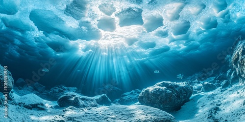 Underwater sunbeams illuminate the dark blue ocean floor through a crack in an ice sheet.