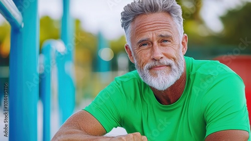 Smiling elderly man in a green shirt enjoying his time outside.