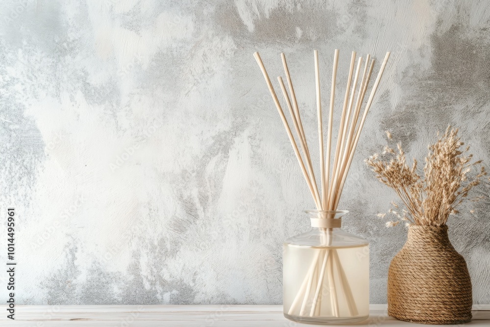 Fototapeta premium diffuser glass bottle mockup with sticks inside on table near light gray wall 