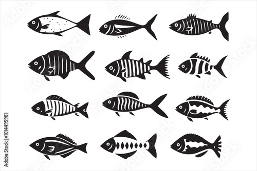 Swimming fish in black and white silhouette collection set