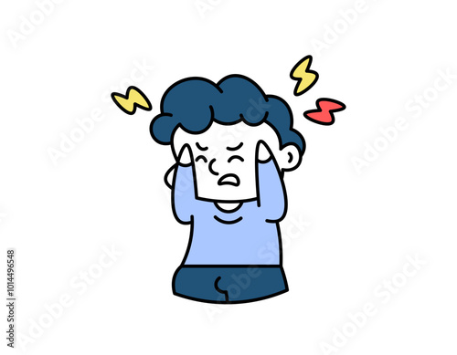 illustration of a boy having a headache. head feels very painful. stress and pressure. psychological and health problems. facial expression. cute character design outline style. elements