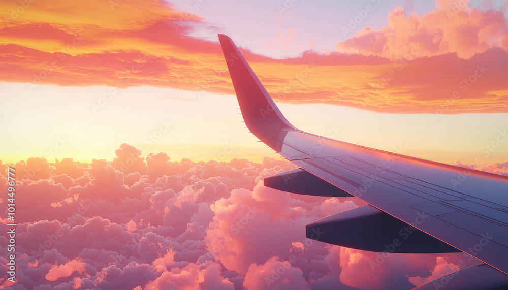 Obraz premium A serene view from an airplane wing, showcasing a vibrant sunset over fluffy clouds.
