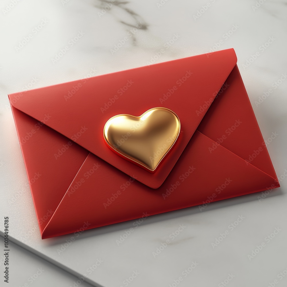 A modern, 3D, red envelope with a gold heart seal, resting on a white surface, ideal for a Valentine's Day card A modern, 3D, red envelope with a gold heart seal, resting on a white surface, ideal for a Valentine's Day card