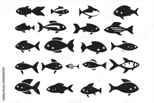 Swimming fish in black and white silhouette collection set