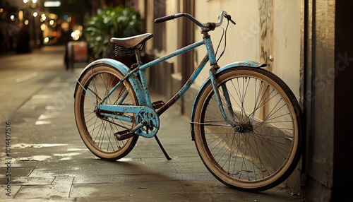 A vintage blue bicycle rests against a wall on a quiet street, evoking a sense of nostalgia and leisure.