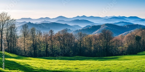 panorama of beautiful countryside, sunny afternoon. wonderful springtime landscape in mountains. grassy field and rolling hills. rural scenery 