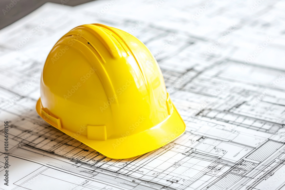 A yellow hard hat rests on blueprints, symbolizing construction and planning in the building industry. A yellow hard hat rests on blueprints, symbolizing construction and planning in the building industry.