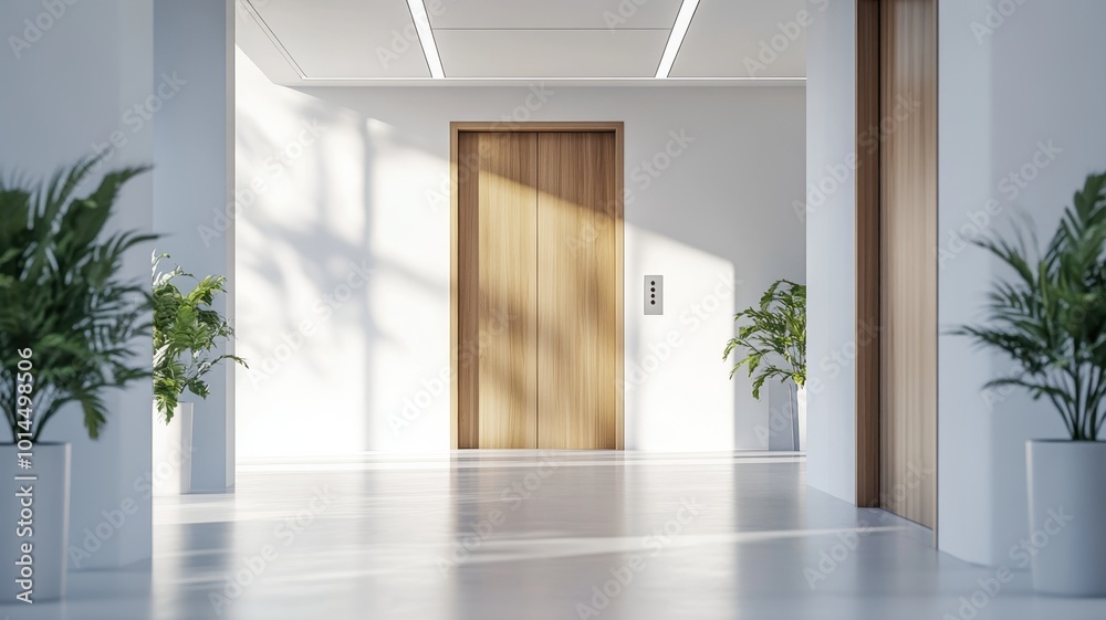 Fototapeta premium Modern classic wooden Elevator doors of office or hotel hallway, Lobby interior, corridor in house with lift,Black elegant lift for passenger or cargo elevators,copy space.