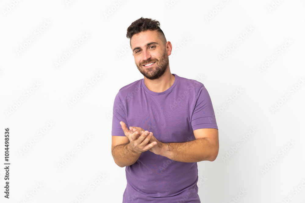Caucasian man isolated on white background applauding after presentation in a conference Caucasian man isolated on white background applauding after presentation in a conference