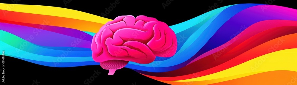 Vibrant abstract representation of a brain with colorful waves on a black background Vibrant abstract representation of a brain with colorful waves on a black background