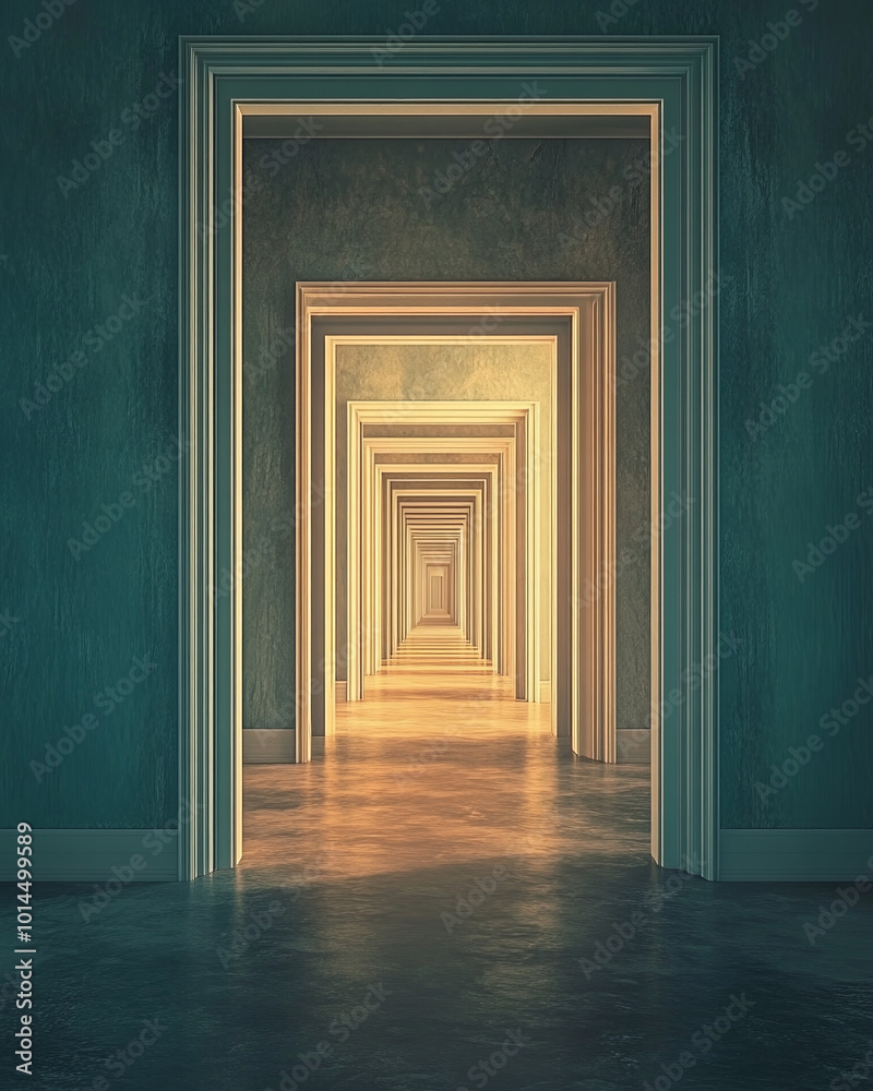 Fototapeta premium mesmerizing infinite hallway with multiple doors leading to bright, illuminated space. symmetry and depth create captivating visual experience