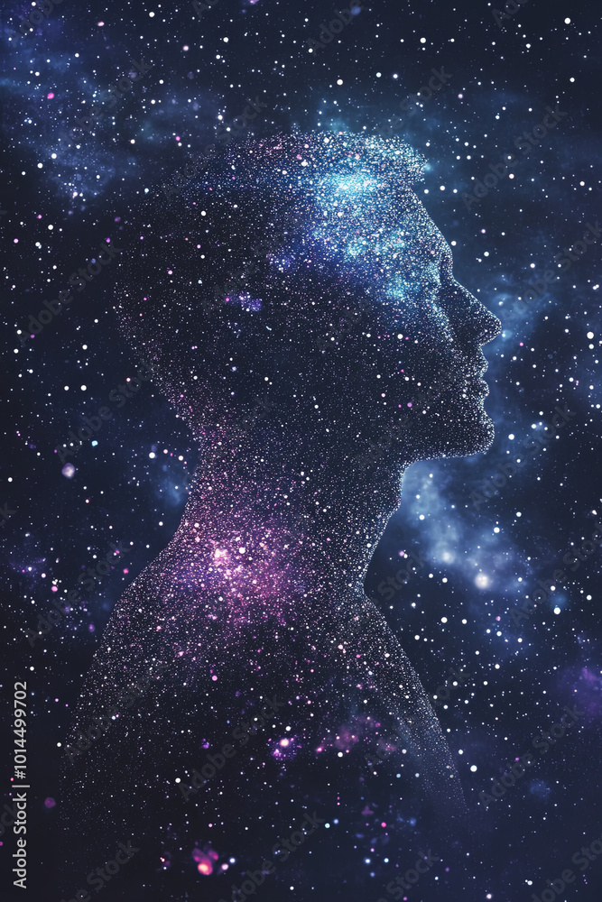 Fototapeta premium human silhouette filled with galaxies and stars, representing vastness of universe and connection between humanity and cosmos. This evokes sense of wonder and exploration
