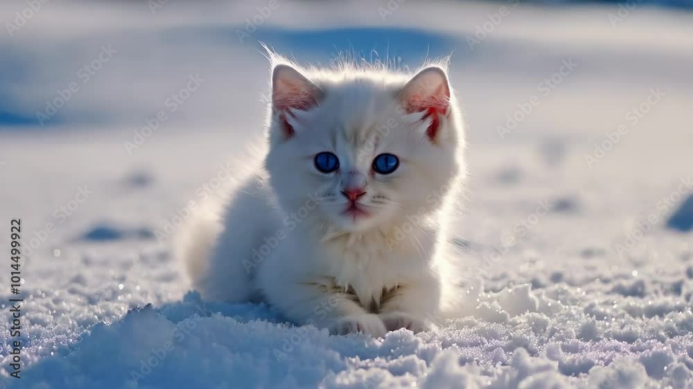 Cute white kitten plays in sparkling snow during a cold winter day Cute white kitten plays in sparkling snow during a cold winter day