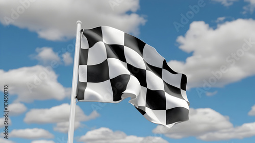 checkered flag waves proudly against backdrop of fluffy clouds, symbolizing victory and end of race. Its bold black and white pattern captures attention and excitement