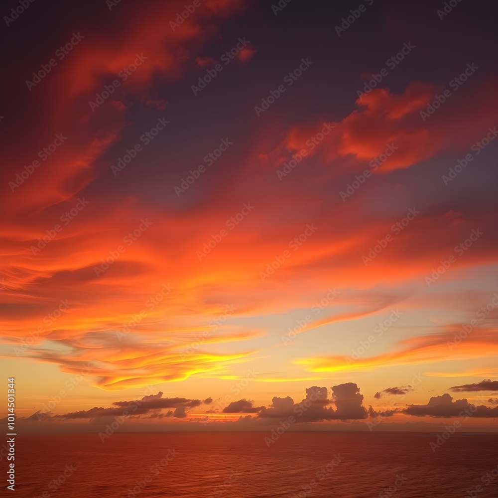The sky at sunset, with vivid orange and red tones reflecting on the water and distant clouds catching the last rays of the sun
The sky at sunset, with vivid orange and red tones reflecting on the water and distant clouds catching the last rays of the sun