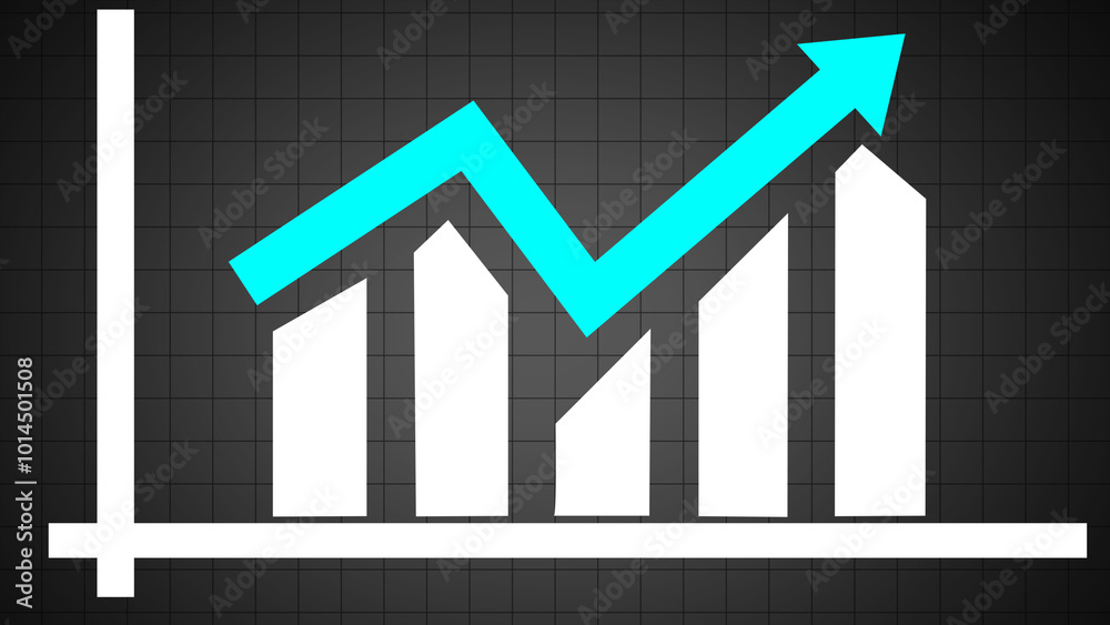 Business graph with upward white bars and blue arrow going up. Stock arrow graph going up blue arrow profit progress business finance graph on black grid and black background Business graph with upward white bars and blue arrow going up. Stock arrow graph going up blue arrow profit progress business finance graph on black grid and black background
