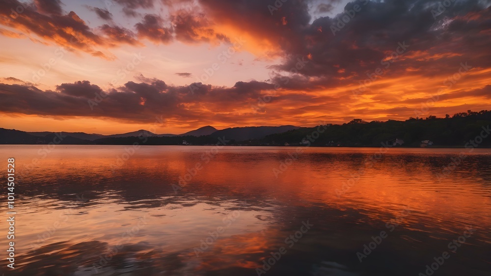 Naklejka premium The sky at sunset, with vivid orange and red tones reflecting on the water and distant clouds catching the last rays of the sun 