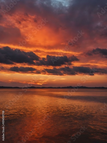 The sky at sunset, with vivid orange and red tones reflecting on the water and distant clouds catching the last rays of the sun
