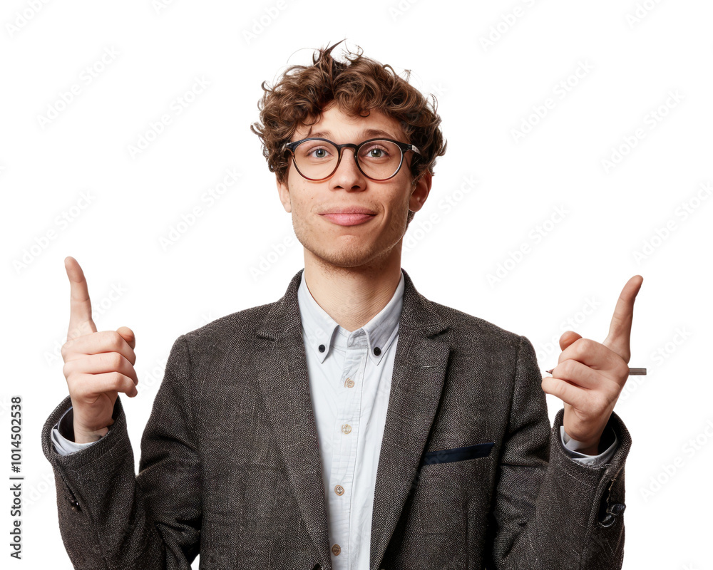 A young European businessman in a modern office outfit, gesturing with a pen, white background. A young European businessman in a modern office outfit, gesturing with a pen, white background.