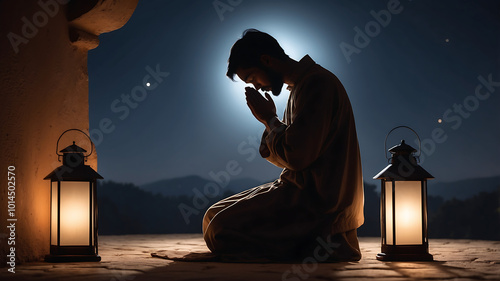 Silhouette of person in deep prayer under moonlit sky with glowing lanterns, Ramadan, Night prayer