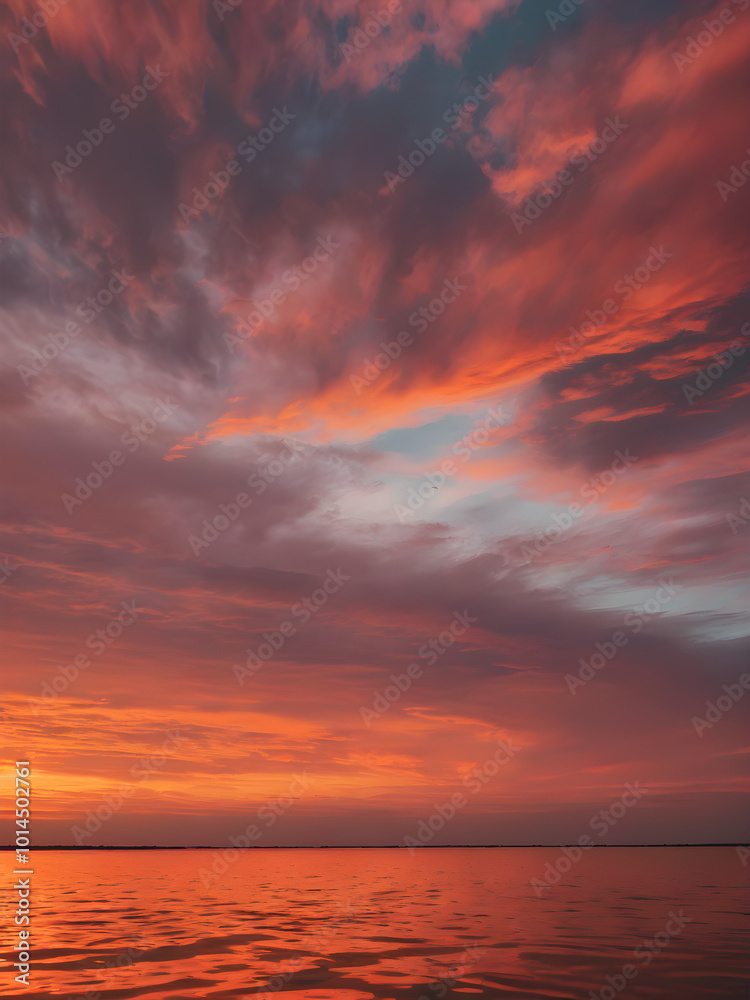 The sky at sunset, with vivid orange and red tones reflecting on the water and distant clouds catching the last rays of the sun
The sky at sunset, with vivid orange and red tones reflecting on the water and distant clouds catching the last rays of the sun