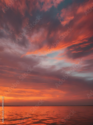 The sky at sunset, with vivid orange and red tones reflecting on the water and distant clouds catching the last rays of the sun 