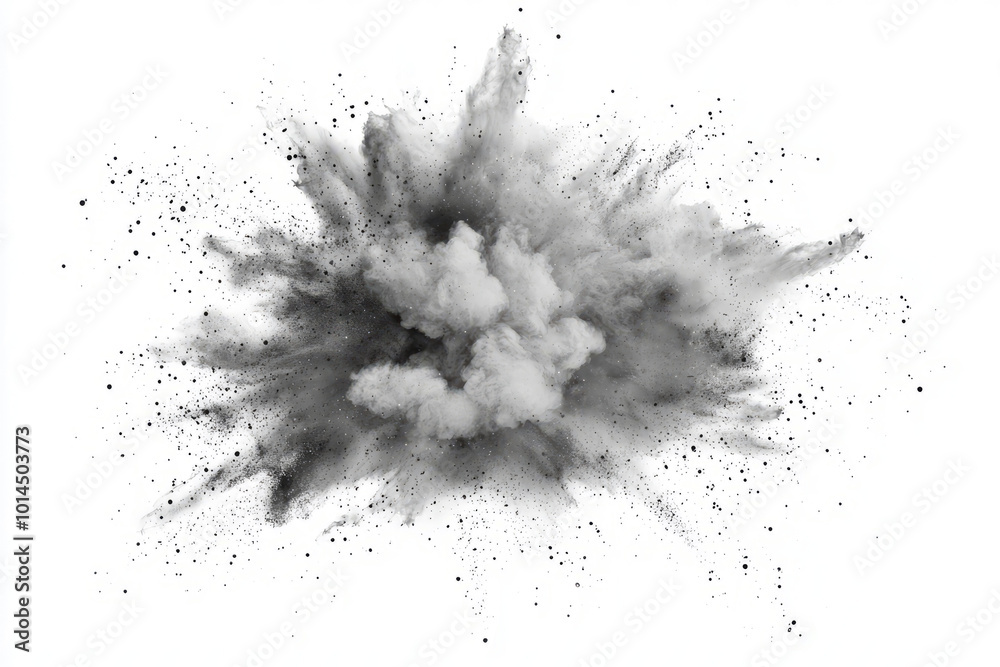 A surreal explosion of soft dust particles, creating a swirling cloud effect with shades of gray on white.