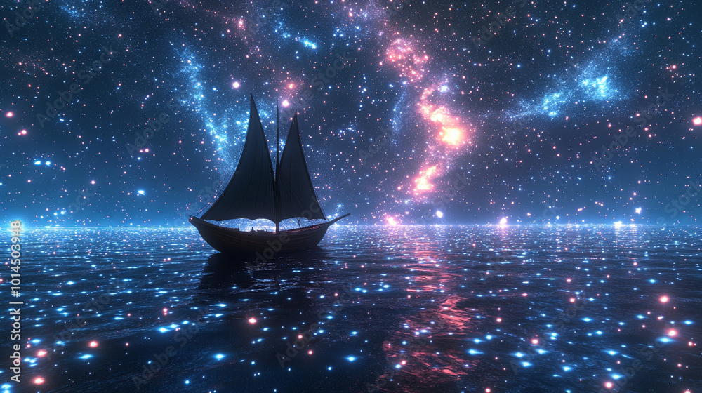 boat sailing on sea of stars creates mesmerizing cosmic scene filled with vibrant colors and shimmering lights. tranquil waters reflect beauty of universe, evoking sense of wonder and exploration boat sailing on sea of stars creates mesmerizing cosmic scene filled with vibrant colors and shimmering lights. tranquil waters reflect beauty of universe, evoking sense of wonder and exploration