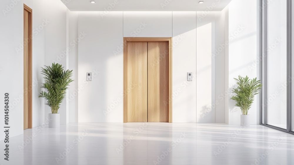 Fototapeta premium Modern classic wooden Elevator doors of office or hotel hallway, Lobby interior, corridor in house with lift,Black elegant lift for passenger or cargo elevators,copy space.