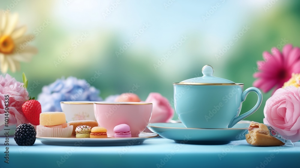 An elegant traditional tea set displayed on a beautifully arranged table, complete with fine china teacups and an assortment of sweets, all set against a sunny backdrop. An elegant traditional tea set displayed on a beautifully arranged table, complete with fine china teacups and an assortment of sweets, all set against a sunny backdrop.