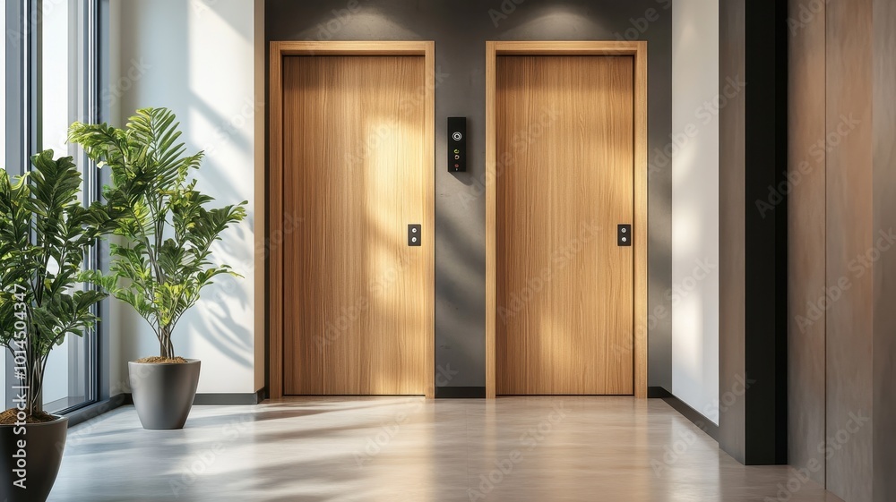 Modern classic wooden Elevator doors of office or hotel hallway, Lobby interior, corridor in house with lift,Black elegant lift for passenger or cargo elevators,copy space. Modern classic wooden Elevator doors of office or hotel hallway, Lobby interior, corridor in house with lift,Black elegant lift for passenger or cargo elevators,copy space.