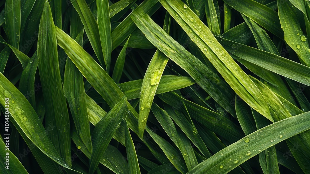 A top view of lush green grass texture with dew drops on the leaves A top view of lush green grass texture with dew drops on the leaves