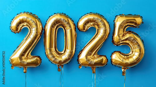  2025 Golden Balloon Numbers on Blue Background