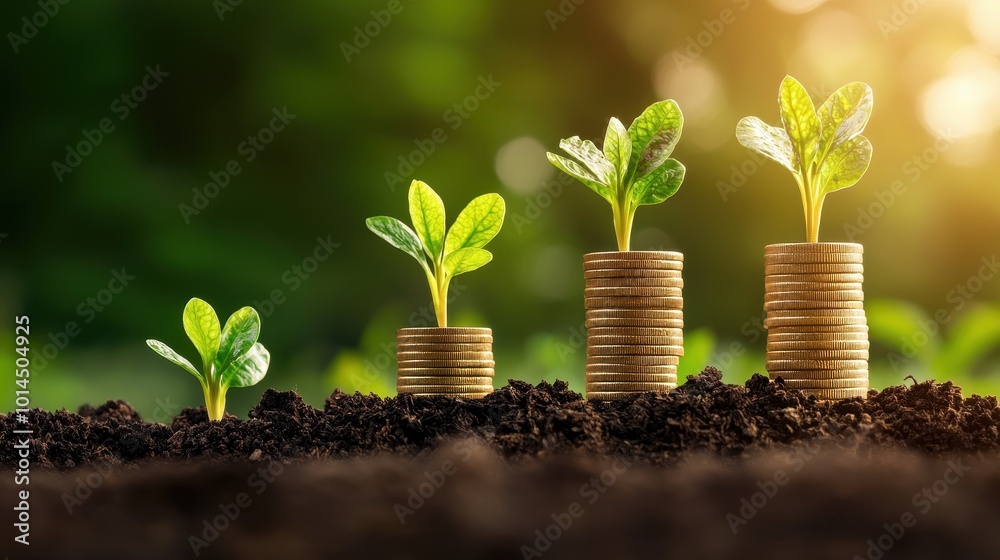 Growing plants on coins, representing financial growth and investment concept. Growing plants on coins, representing financial growth and investment concept.