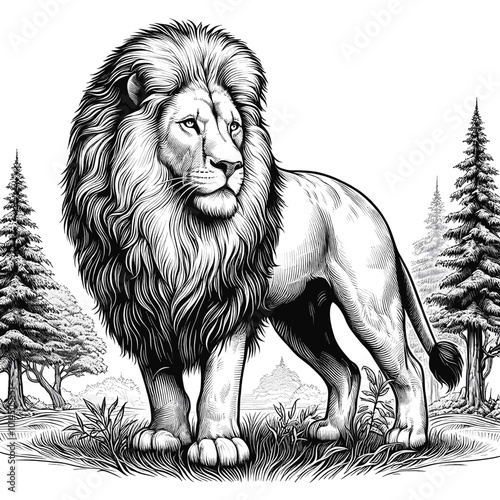 Majestic Lion in Forest Black and White Illustration