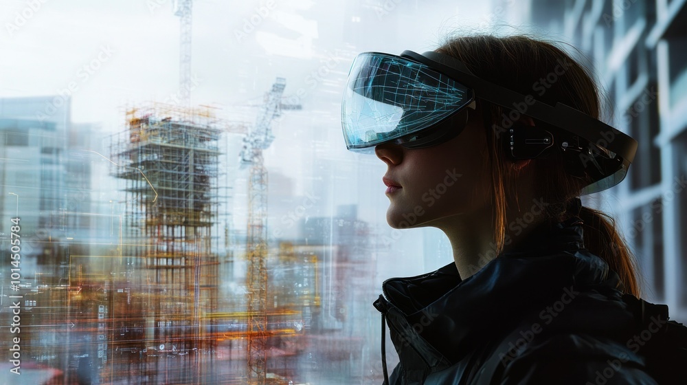 A Woman Wearing Virtual Reality Glasses Looking Out a Window A Woman Wearing Virtual Reality Glasses Looking Out a Window