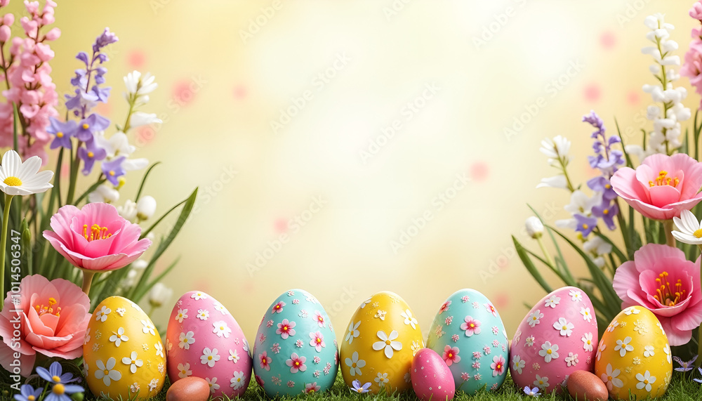 Decorative Easter eggs with floral patterns and spring flowers on a soft yellow background