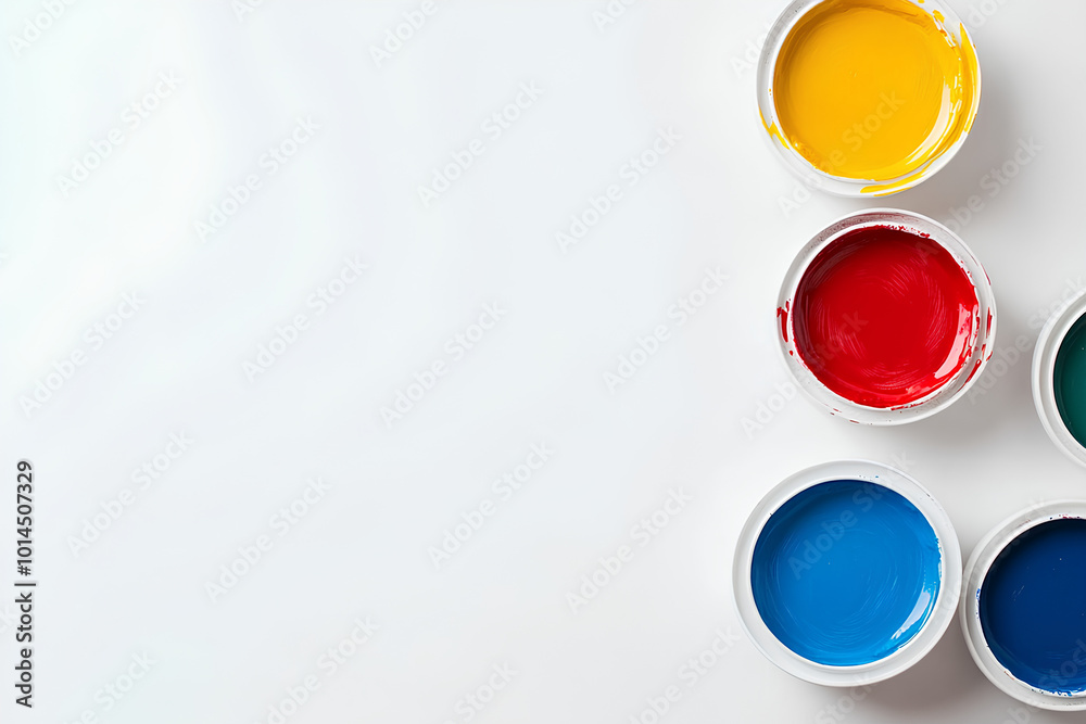 Paint cans and color palette on white background, top view. Space for text Paint cans and color palette on white background, top view. Space for text