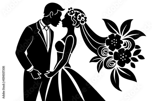 kissingn groom and bride silhouette minimalistic vector art illustration 