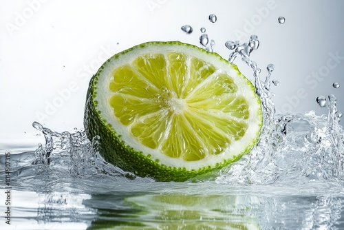Macro shot with Lime halve with splashes of juice flying on transparent white background. Concept: citrus, organic, fruit background