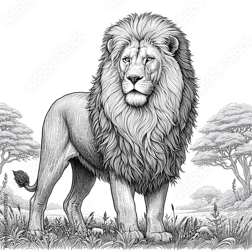 Majestic Lion in Savanna Landscape Pen and Ink Drawing