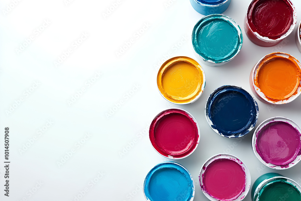 Paint cans and color palette on white background, top view. Space for text