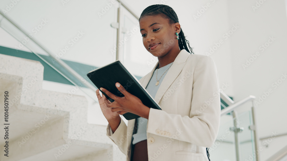 Building, black woman and real estate agent with tablet for communication, networking and connection. Business, female person and chatting on email with client or tenant for home viewing and property Building, black woman and real estate agent with tablet for communication, networking and connection. Business, female person and chatting on email with client or tenant for home viewing and property