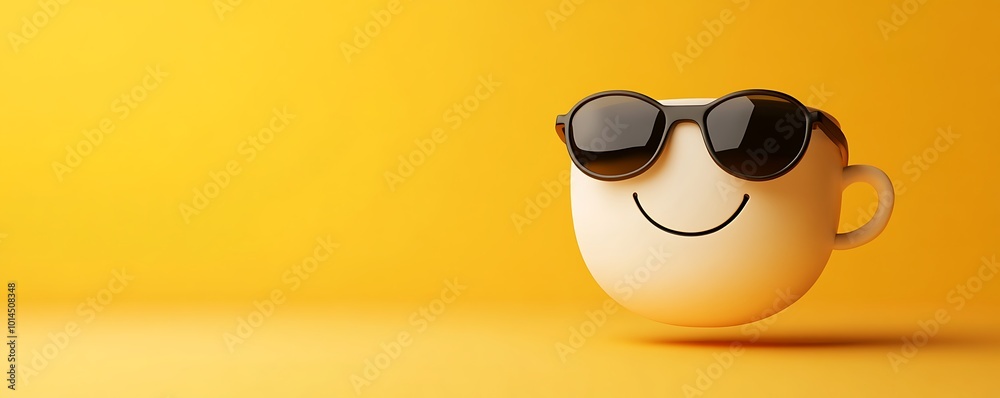 Smiling coffee cup with sunglasses on a yellow background. Smiling coffee cup with sunglasses on a yellow background.