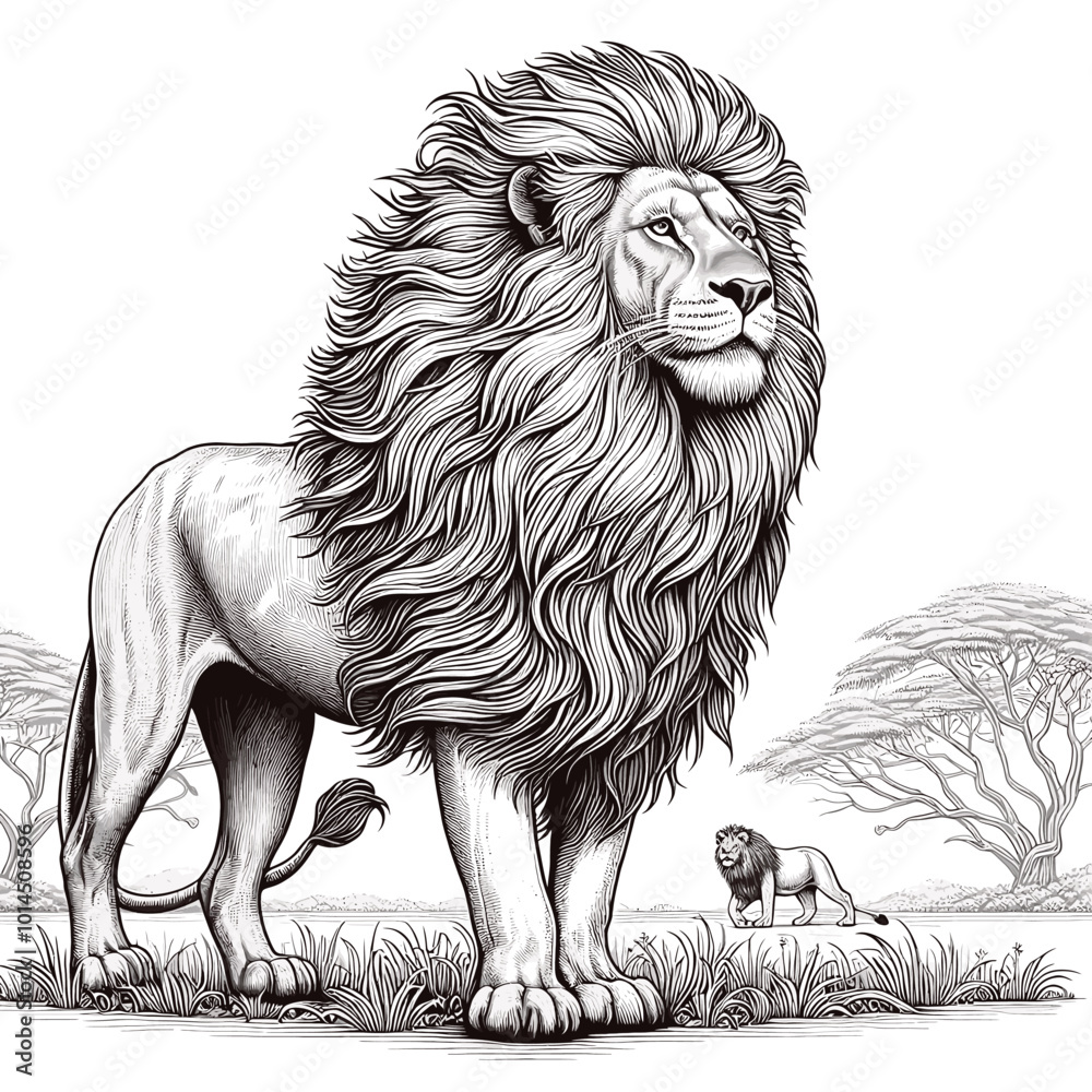 Obraz premium Majestic Lion Illustration King of the Jungle in Pen and Ink Style