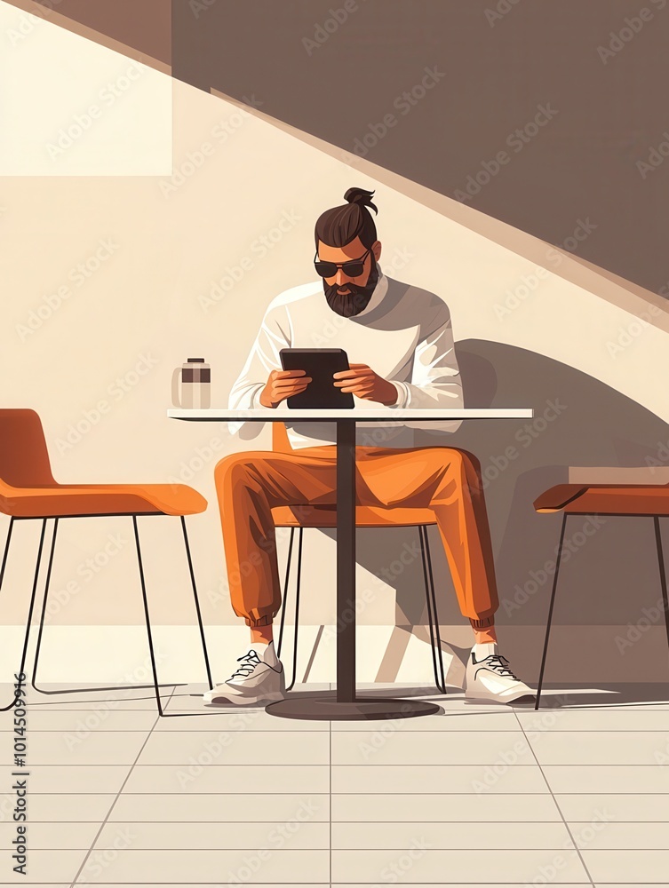 Fototapeta premium Man using tablet in a modern cafe, creating a relaxed and contemporary atmosphere.