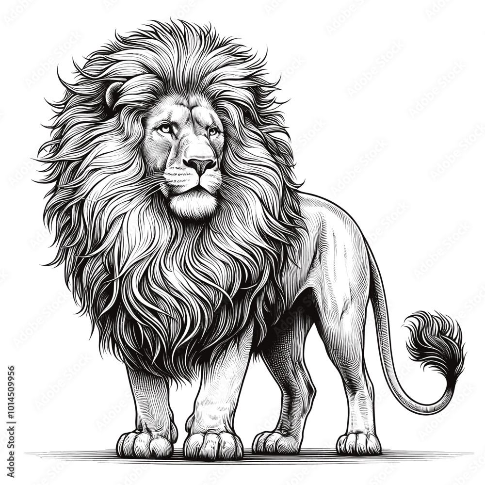 Obraz premium Majestic Lion Illustration Powerful Black and White Vector Art