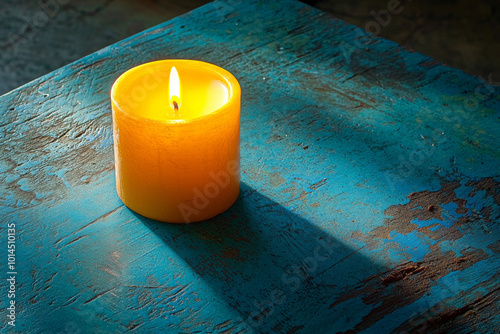 A lit yellow candle rests on a textured blue table, casting a soft glow and shadow, creating a serene atmosphere. photo